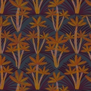 Deco Palm Trees and scallop edge in orange on navy