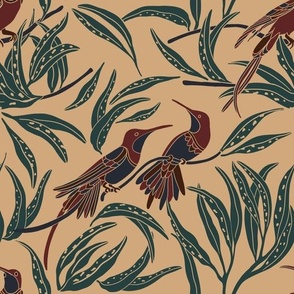 Japanese Burgundy and blue Hummingbirds with dark green foliage