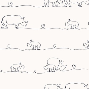 Rhino Mom and Baby Line Art Doodle || Slate Grey on Cream - 21"