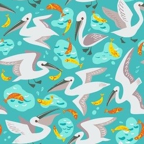 Pelicans fishing, on a turkish green background, kids pattern