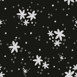 White flowers and dots pattern on black background