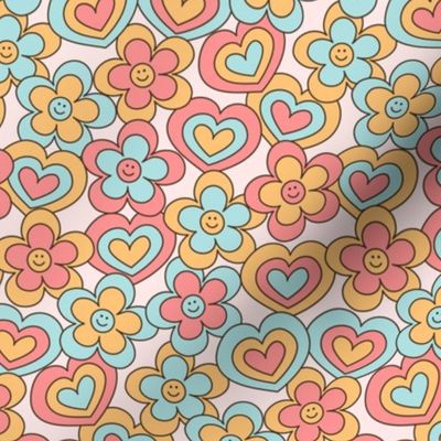 Groovy Retro Happy Flowers and Hearts, Vintage Cute Floral Heart Pattern in Blush Pink, Mint and Mustard Color