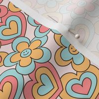 Groovy Retro Happy Flowers and Hearts, Vintage Cute Floral Heart Pattern in Blush Pink, Mint and Mustard Color