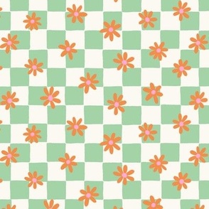 0.8 fresh green checkerboard with orange retro flowers - small scaled checkerboard