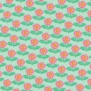 Cute flowers, multicoloured on a mint green background