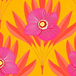Poppy Yellow Orange Pink Fan Flowers Scalloped Damask Bright cheerful 