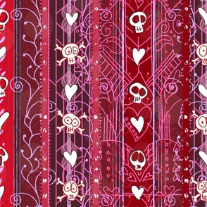 Valentine Vines O Death -- Death, Hearts, and Skulls in the Lovecore Aesthetic -- Dark mauve, Maroon, and Crimson Red -- 150dpi (Full Scale)