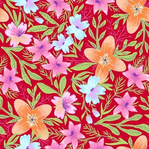 Flowers,vibrant,tropical,red background 