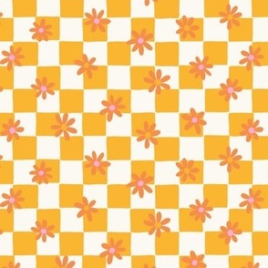 0.8 fresh honey yellow  checkerboard with orange retro flowers - small scaled checkerboard