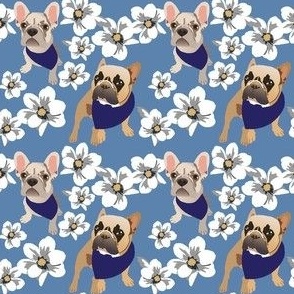 French Bulldog small print Magnolia Floral white flowers blue denim dog fabric