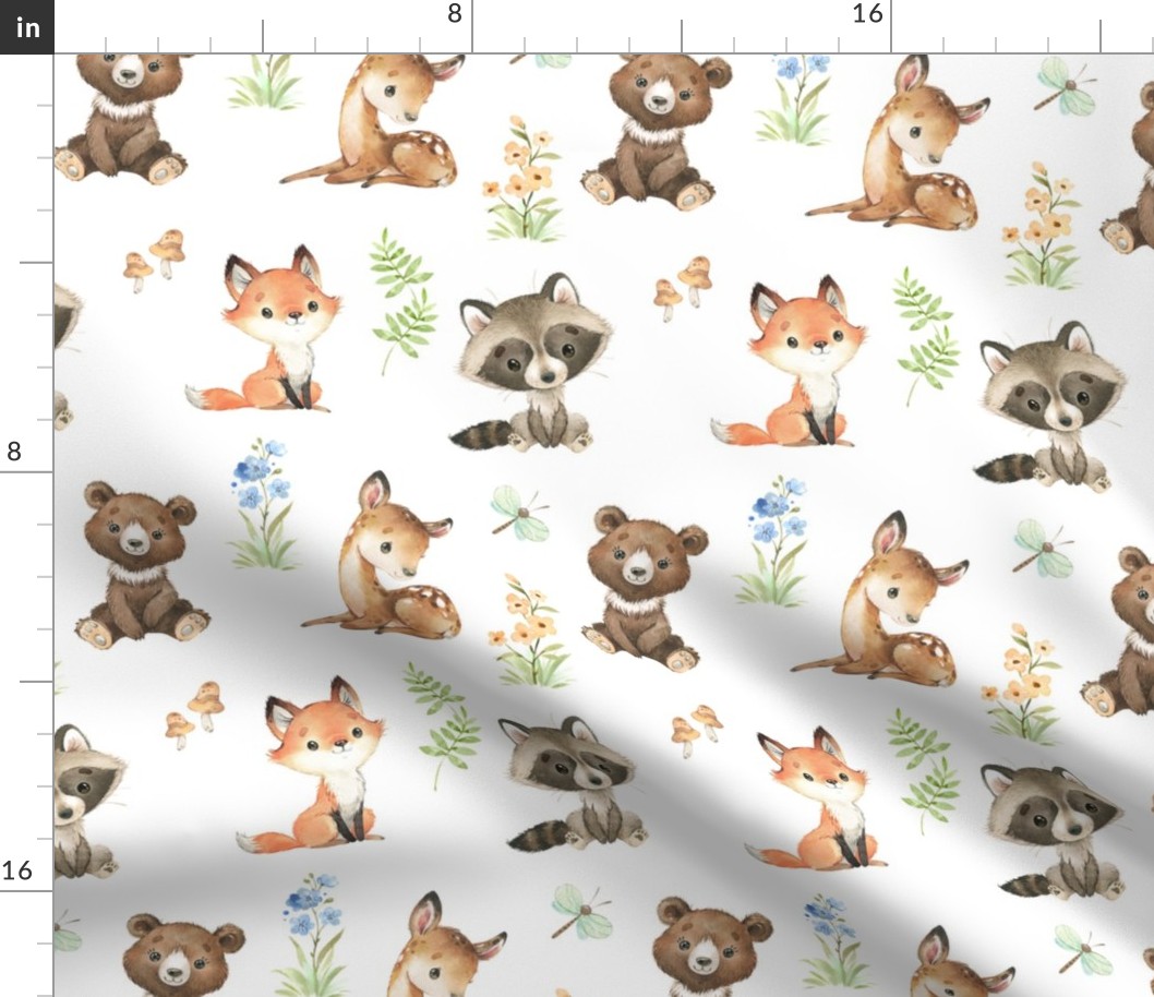 Watercolor Floral Woodland Baby Animals 