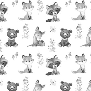 Watercolor Gray Woodland Baby Animals