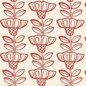 Hand Painted Folk Flowers, Vertical Stack, Red on Cream