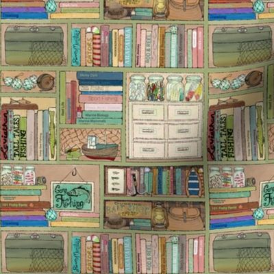 Fisherman’s Memorabilia Bookshelf, 6-inch Quilt Block, Green Shelves