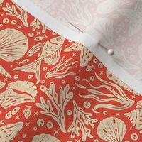 Block Printing Sea Life on Red / Tiny Scale