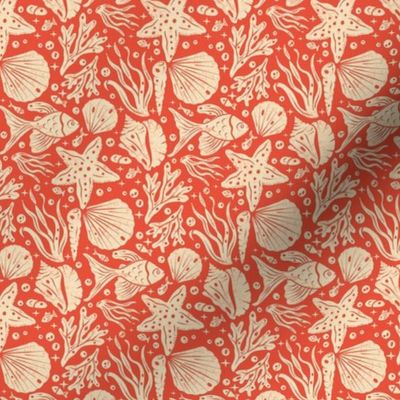 Block Printing Sea Life on Red / Tiny Scale