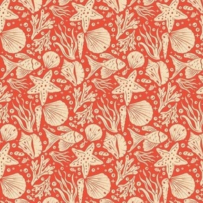 Block Printing Sea Life on Red / Tiny Scale
