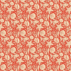 Block Printing Sea Life on Red / Small Scale
