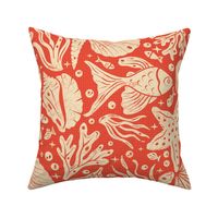 Block Printing Sea Life on Red / Large Scale