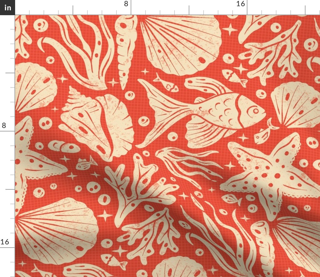 Block Printing Sea Life on Red / Large Scale