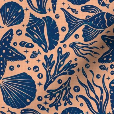 Block Printing Sea Life on Blue / Medium Scale