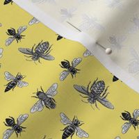 Mini  Honey Bees, Black and White Vintage Insects on Buttery Yellow