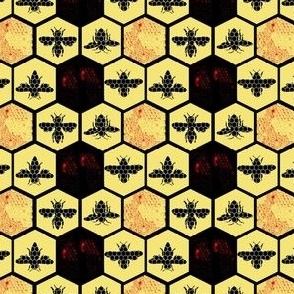 Black and Yellow Hexagon Beehive and Honeybees