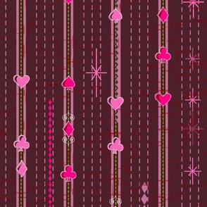 Lovecore Poker Pinstripe -- Retro Gangster Pinstripe with Hearts and Face Card Suits in the Lovecore Aesthetic -- Pink, Red Stripes on Dark Plum -- 150dpi (Full Scale)