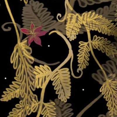 Savannah  Leaves and Flowers, Gold, Black, Cerise PInk - West African Giraffes Collection - 2021 - Black, Gold, Cerise Pink - Supporter Design