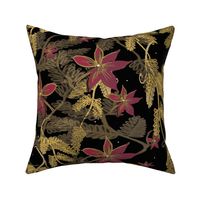 Savannah  Leaves and Flowers, Gold, Black, Cerise PInk - West African Giraffes Collection - 2021 - Black, Gold, Cerise Pink - Supporter Design