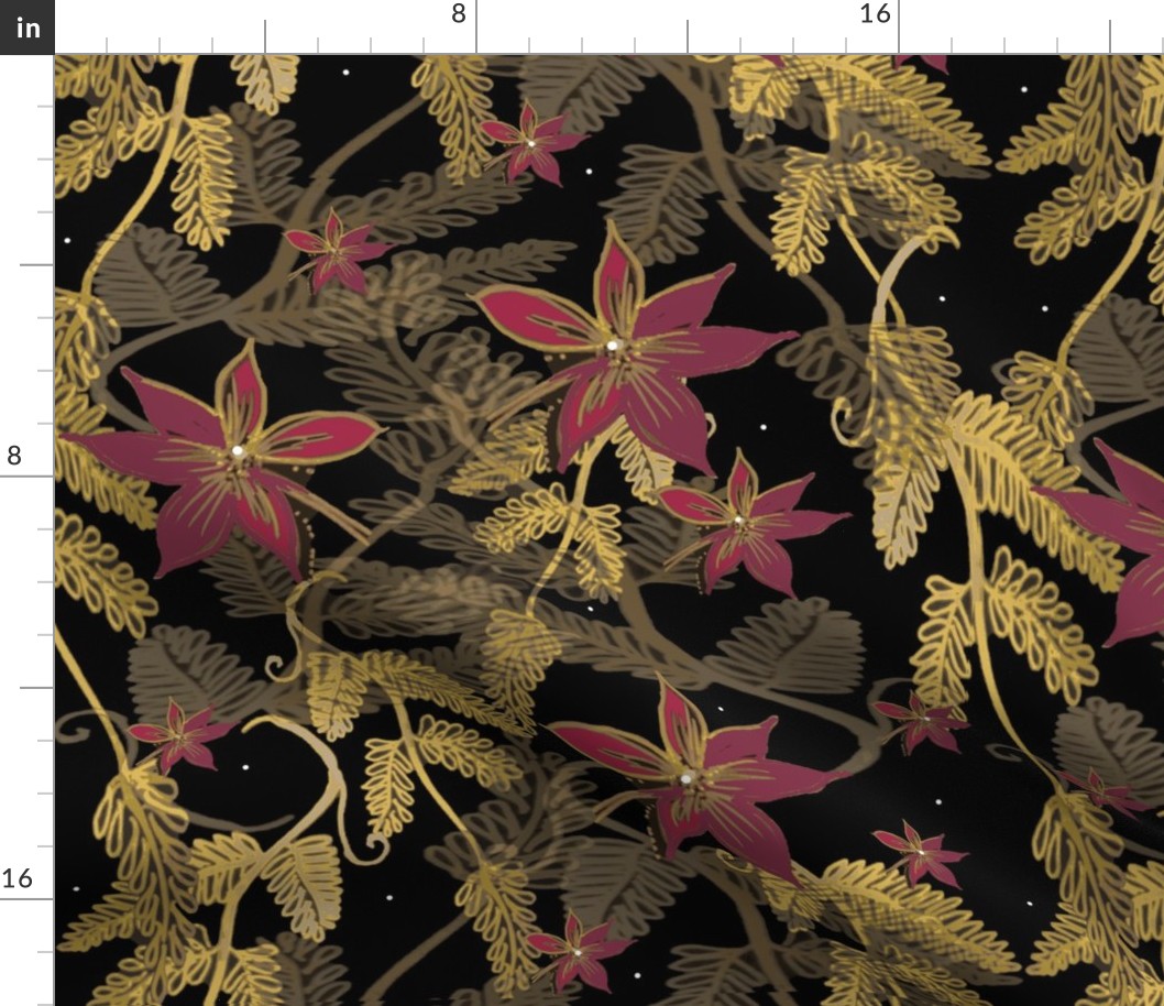 Savannah  Leaves and Flowers, Gold, Black, Cerise PInk - West African Giraffes Collection - 2021 - Black, Gold, Cerise Pink - Supporter Design