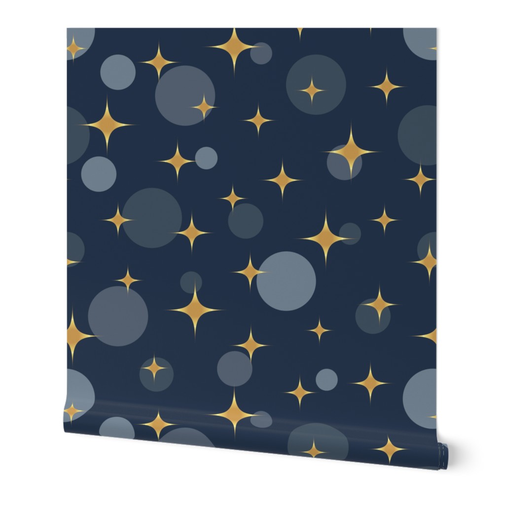 Sparkling golden atomic starbursts bubbles navy blue MCM