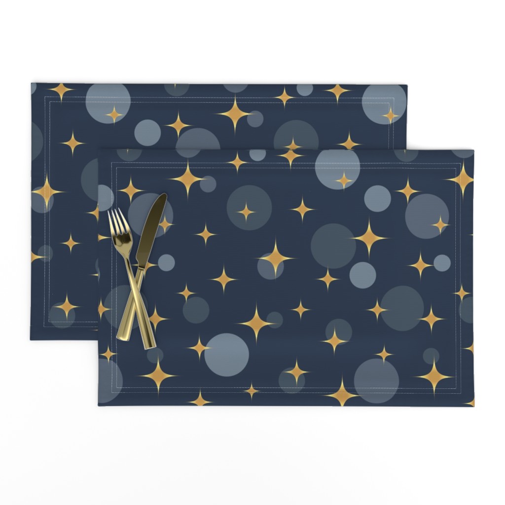 Sparkling golden atomic starbursts bubbles navy blue MCM