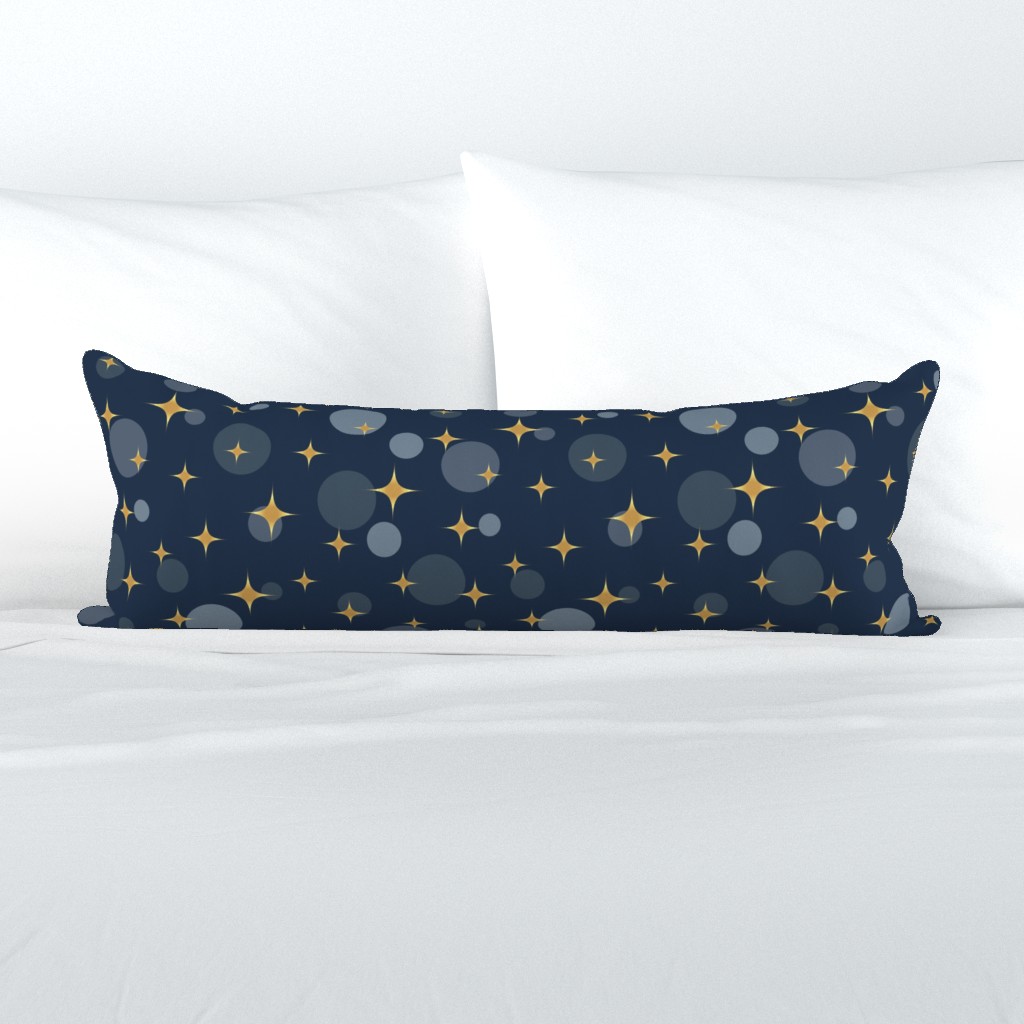 Sparkling golden atomic starbursts bubbles navy blue MCM