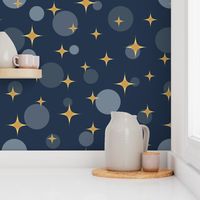 Sparkling golden atomic starbursts bubbles navy blue MCM