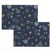 Sparkling golden atomic starbursts bubbles navy blue MCM