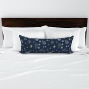 Sparkling golden atomic starbursts bubbles navy blue MCM