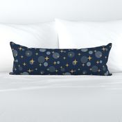 Sparkling golden atomic starbursts bubbles navy blue MCM