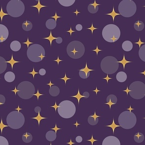 Sparkling golden atomic starbursts bubbles plum purple