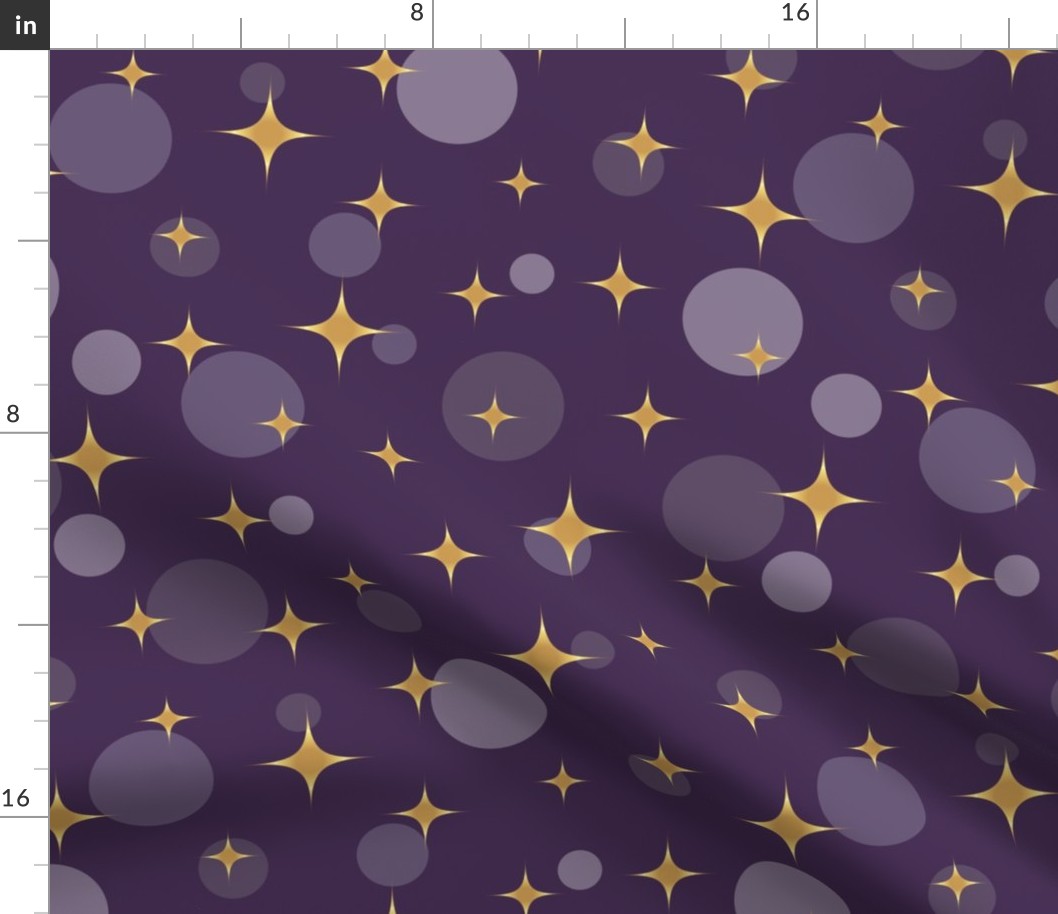 Sparkling golden atomic starbursts bubbles plum purple