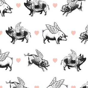 Vintage Flying Pigs | Black and White with Pink Hearts |