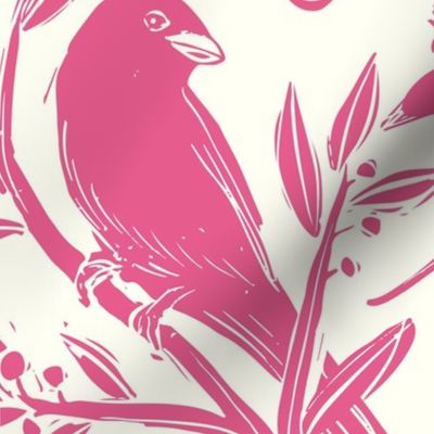Linocut Birds on Branches in Bright Pink on Ivory