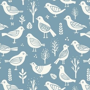 Little birds and sprigs, Warm white on folk blue