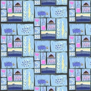 Pale blue block printed effect travel adventures small 6” repeat