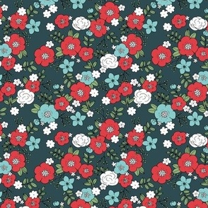 Vintage english rose garden christmas holidays design liberty flowers and leaves boho blossom print nursery seventies retro red blue green on navy SMALL