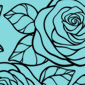 Large Rose Cutout Pattern - Aqua Sky and Black