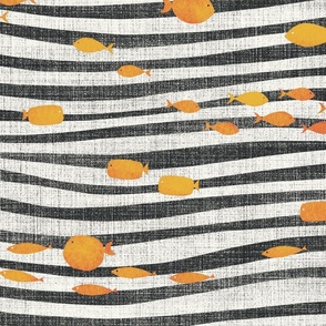 waves with fish - black & white & orange
