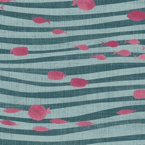 waves with fish - green & dark pink