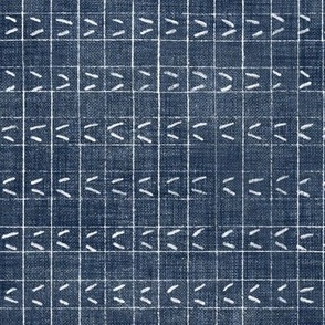 Sashiko V's on Indigo Linen (large scale) | Japanese stitch patterns on dark blue and white linen checks, herringbone, visible mending, kantha quilt, mudcloth, checked fabric with sashiko stitching.