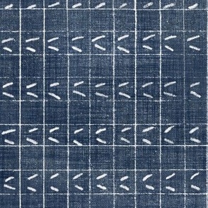 Sashiko V's on Indigo Linen (xl scale) | Japanese stitch patterns on dark blue and white linen checks, herringbone, visible mending, kantha quilt, mudcloth, checked fabric with sashiko stitching.